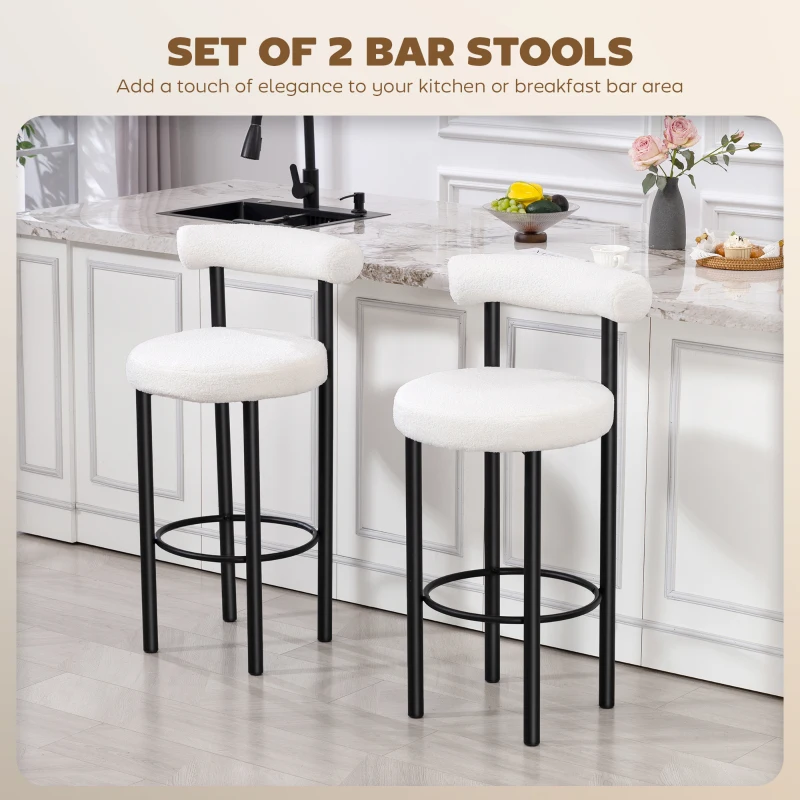HOMCOM Bar Stools Set of 2, Sherpa Upholstered Barstools with Backrest, Bar Height Stools with Footrest for Kitchen Island