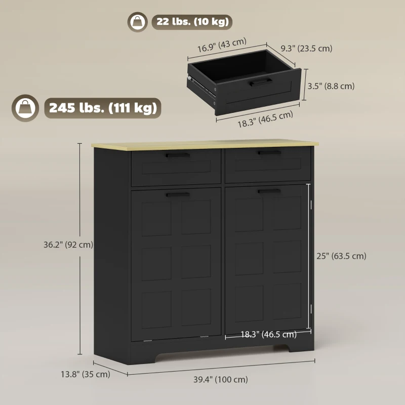 HOMCOM 13 Gallon Tilt Out Garbage Cabinet, Kitchen Island with Trash Cabinet, 2 Drawers, Door Racks, Adjustable Shelves, Black