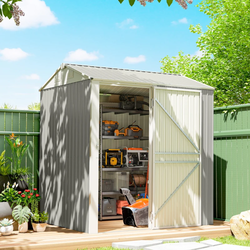 Outsunny 7' x 6' Tall Outdoor Storage Shed, Waterproof Metal Garden Shed with Gloves, Lockable Door, Silver Grey