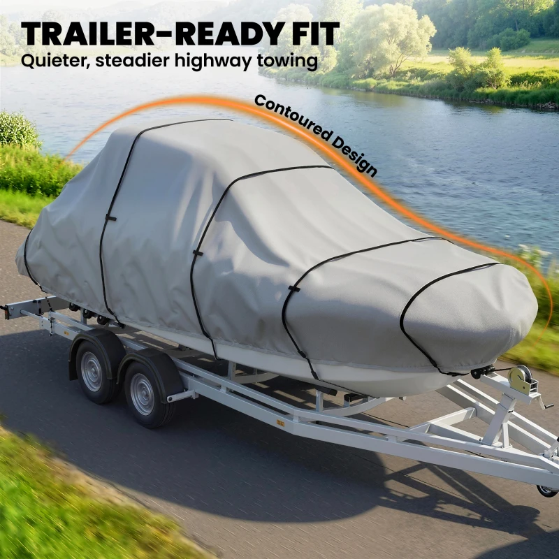 Outsunny 22-24 Ft Trailer Boat Cover, 3000mm Waterproof Universal Boat Cover with Quick-Fasten Buckles, Light Grey