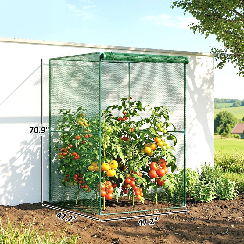 Outsunny Walk-in Crop Cage, Plant Protectors from Animals with Roll Up Zippered Door, 3.9' x 3.9' x 5.9', Dark Green