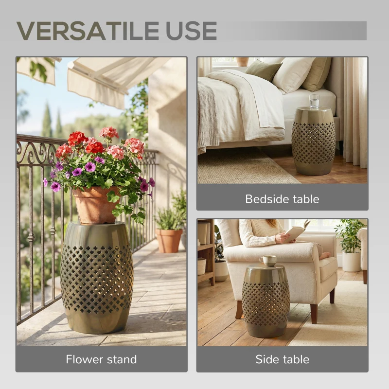 Outsunny 12.4" Steel Patio End Table, Round Hollow Drum Side Table, Accent Table for Indoor and Outdoor, Khaki