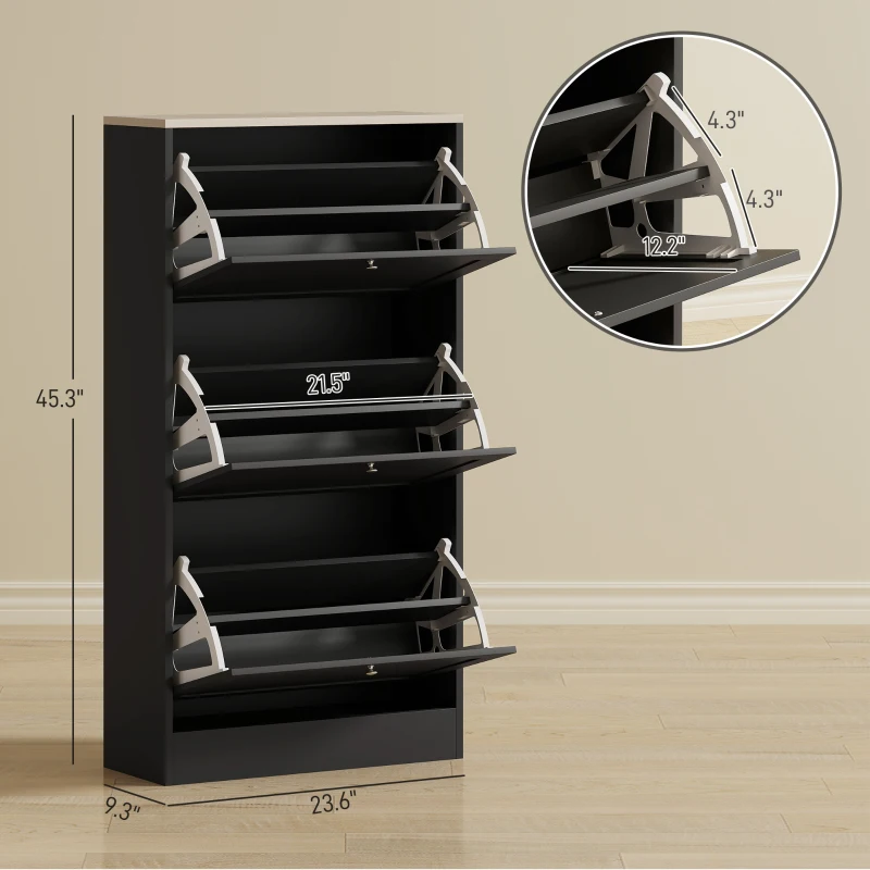 HOMCOM Modern Shoe Storage Cabinet with 3 Flip Drawers and Adjustable Shelves for 12-18 Pairs of Shoes, Black