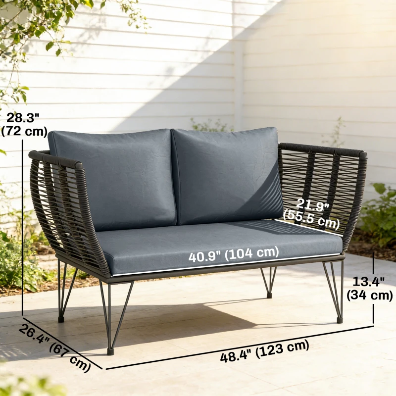 Outsunny Outdoor Couch Patio Sofa with Cushions, 2 Seater Patio Furniture Loveseat with Galvanized Steel Frame, Light Grey