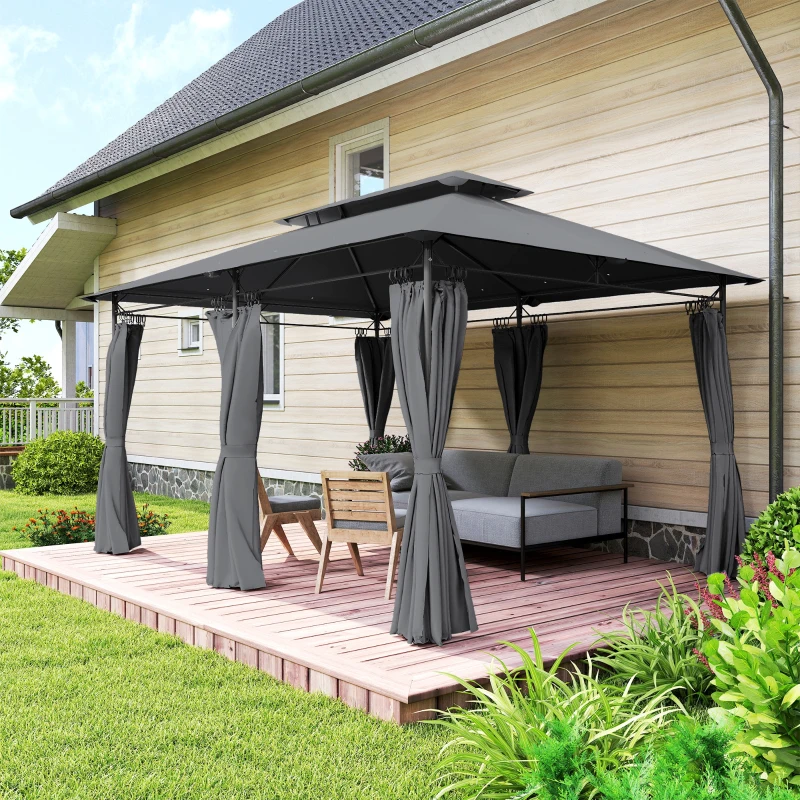 Outsunny 10' x 13' Double Roof Patio Gazebo, Outdoor Gazebo with Curtains, for Garden, Lawn, Backyard and Deck, Grey