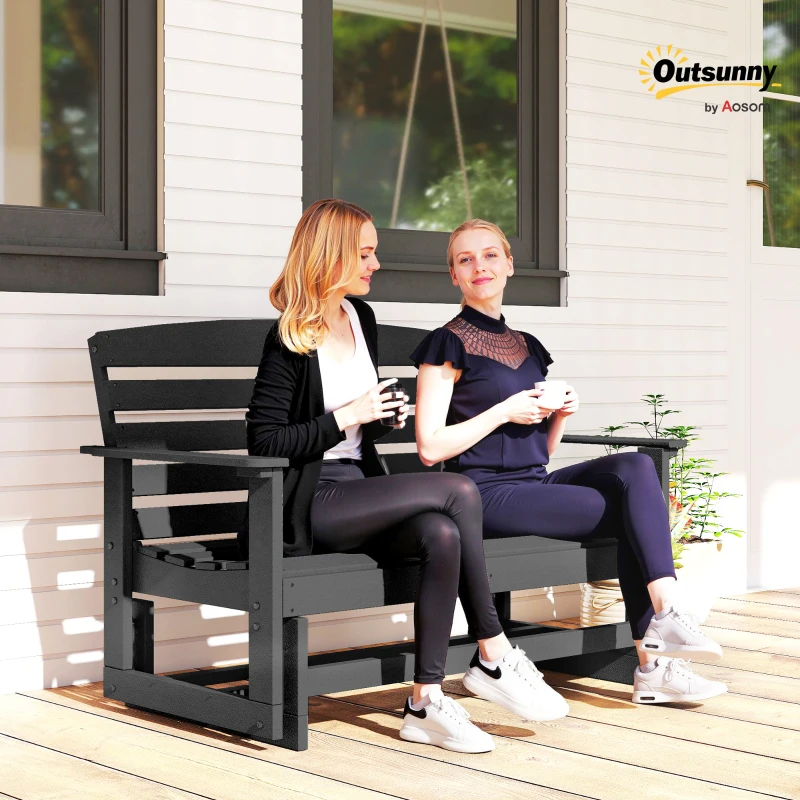 Outsunny Patio Glider Bench w/ HDPE Slatted Double Rocking Chair, Black