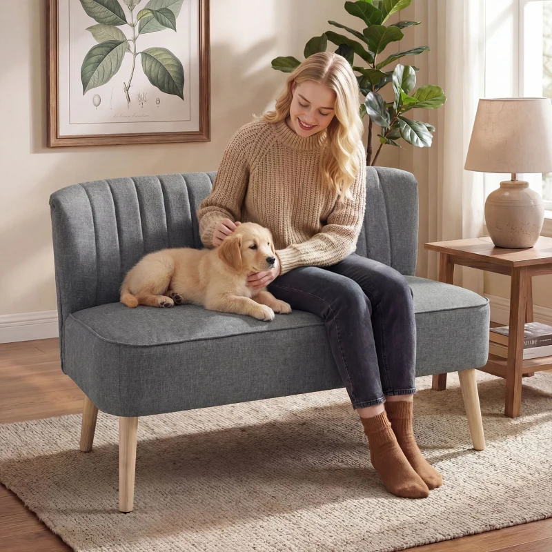 HOMCOM Modern 2 Seater Sofa, Upholstered Two Seater Couch with Rubber Wood Legs, Grey