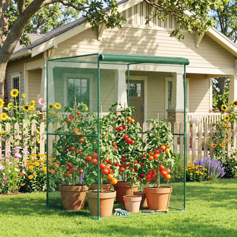 Outsunny Walk-in Crop Cage, Plant Protectors from Animals with Roll Up Zippered Door, 3.9' x 3.9' x 5.9', Dark Green