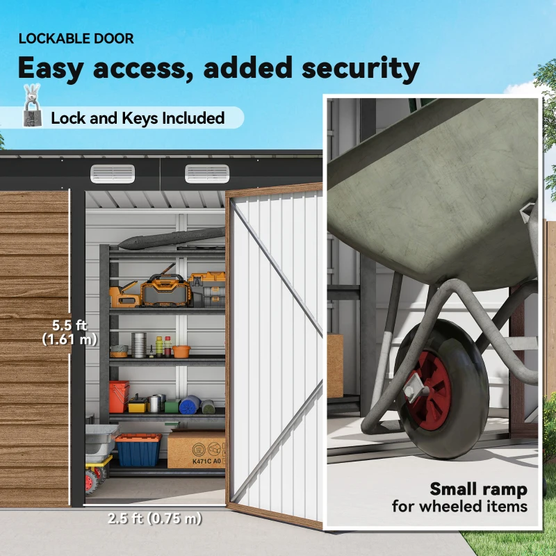 Outsunny 6' x 4' Galvanized Garden Storage Shed, Metal Outdoor Shed with Double Doors and 2 Vents, Teak