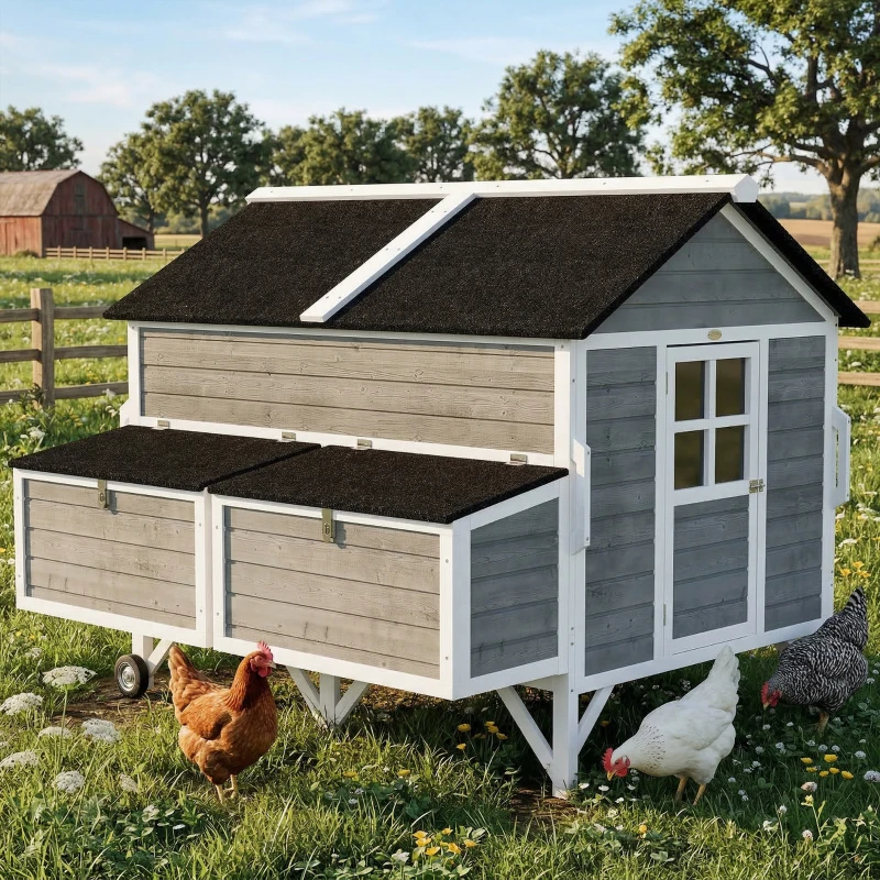 PawHut 59" Wooden Chicken Coop w/ Wheels, Handles, 2 Nesting Boxes, 2 Trays, 4 Perches, Chicken Tractor for 4-6 Chickens, Gray
