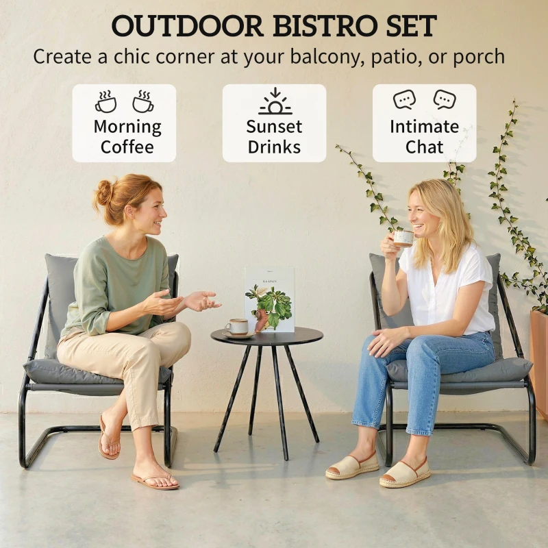 Outsunny Outdoor Bistro Set, 3 Piece Patio Furniture Set with 2 C Spring Chairs and Round Table for Balcony, Light Grey