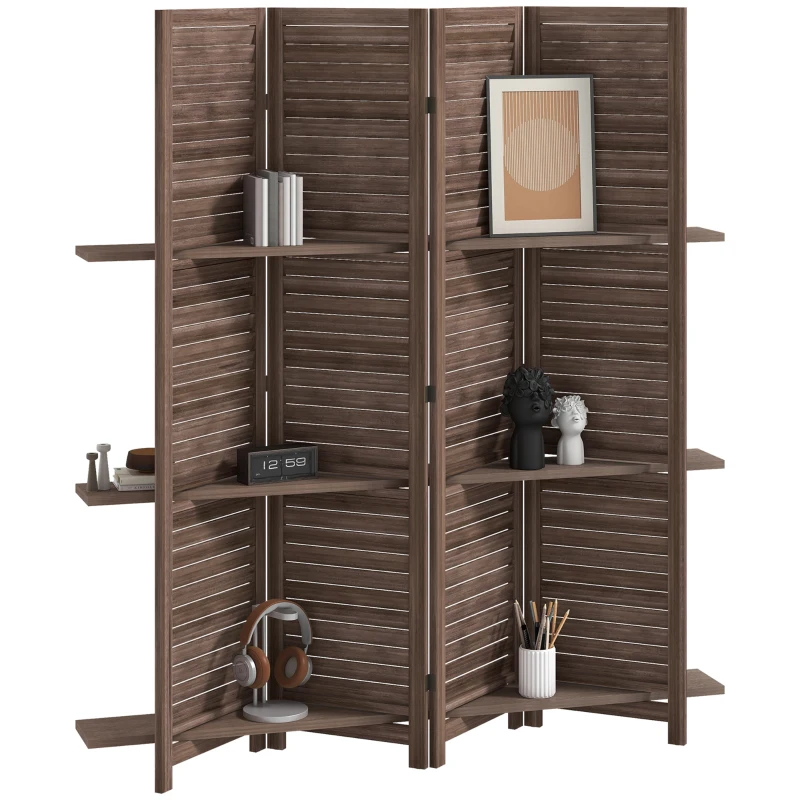 HOMCOM 4 Panel 67" Tall Wood Privacy Screen Room Divider with 3 Shelves and Folding Storage for Bedroom, Walnut
