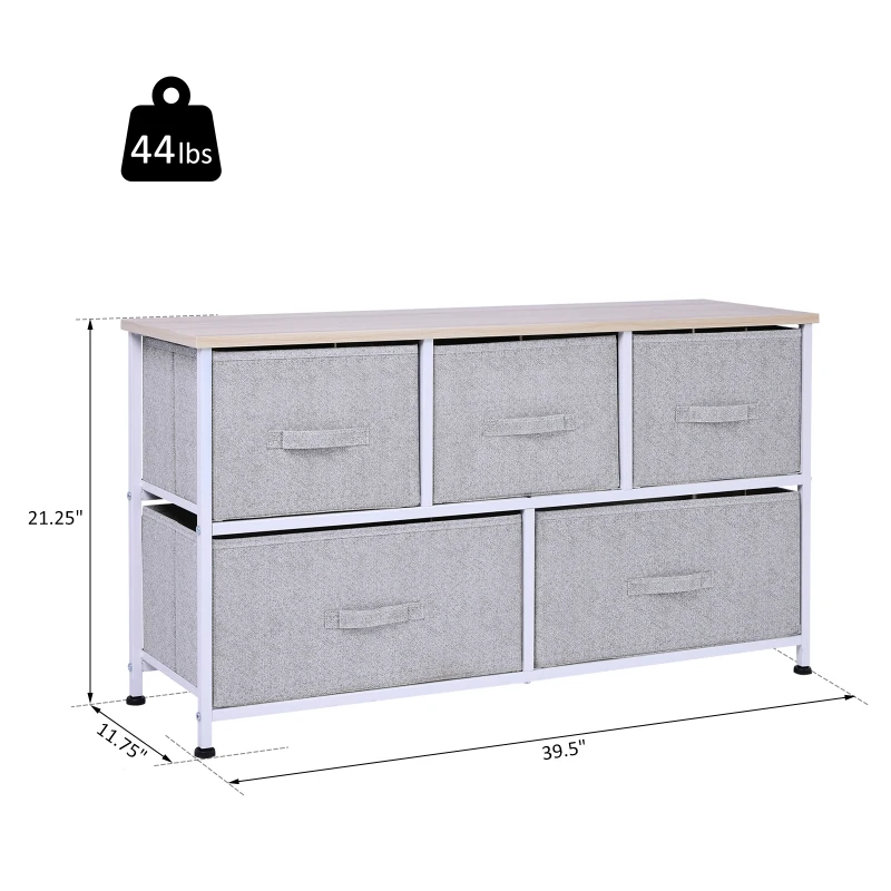 HOMCOM 40" L 5 Drawer Horizontal Storage Cube Dresser Unit Bedroom Organizer Living Room Shelf Tower with Fabric Bins, Light Gray