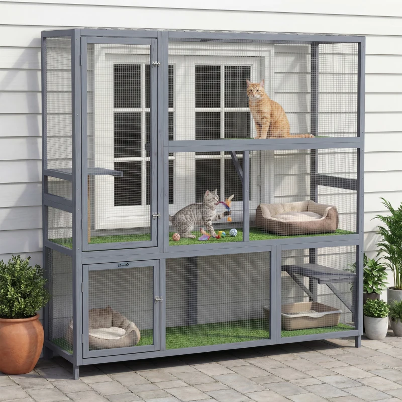 PawHut Catio Outdoor Cat Enclosure, 77" H Wooden Cat House with Weatherproof Roof, Platforms and Scratching Post