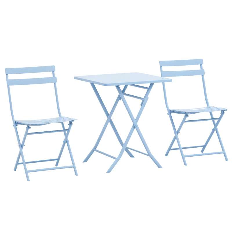 Outsunny 3 Pieces Garden Bistro Coffee Set Foldable Patio Chair & Square Table for Outdoor Yard Porch Poolside Balcony Blue