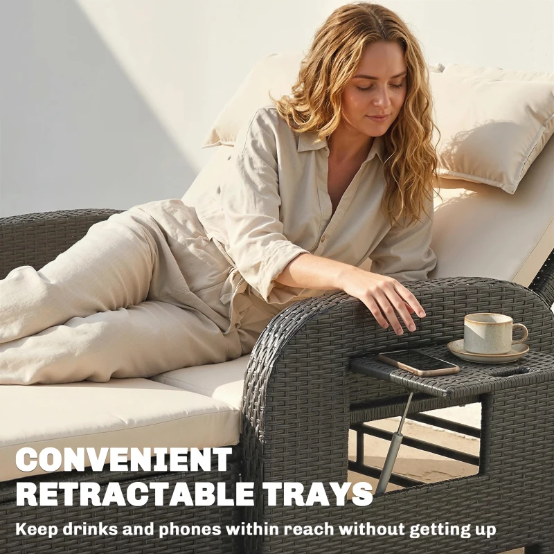 Outsunny Patio Rattan Daybed, Wicker Outdoor Daybed with Storage Ottoman, Loveseat with Adjustable Backrest, Side Tables, Beige