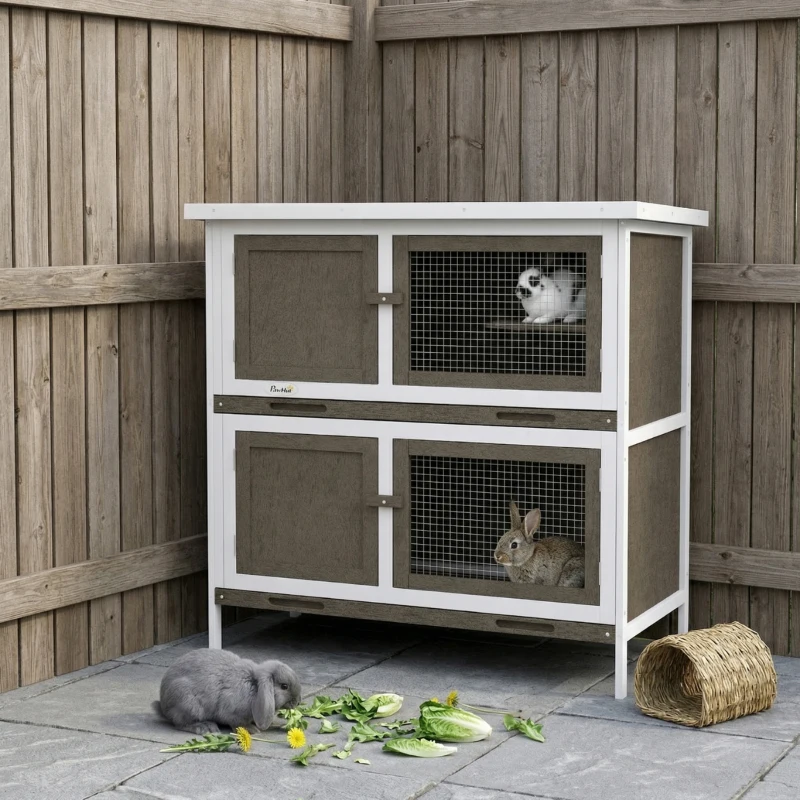 PawHut Wooden Bunny Hutch with Ramp, Indoor/Outdoor, Brown