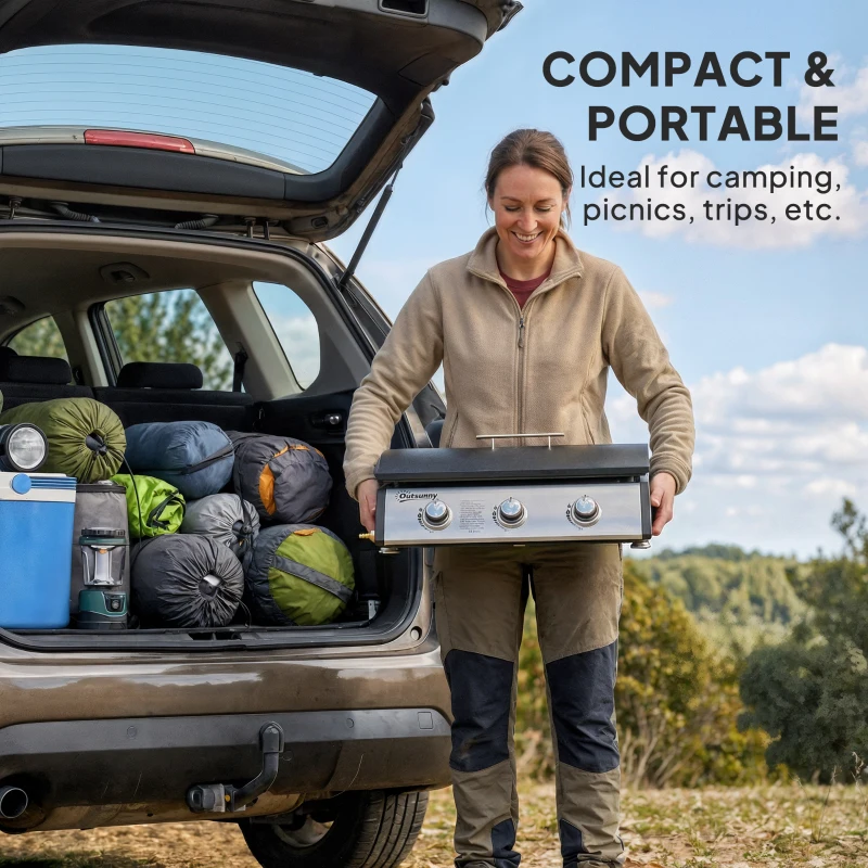 Outsunny Propane Gas Grill with 3 Main Burners, 8530 BTU Outdoor BBQ Grill Cart with Non-Stick Griddle and Lid, Black