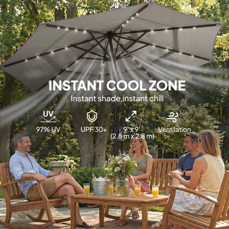 Outsunny 9.3 ft Patio Umbrella with Solar LED Lights, Cover, 3 Tier Outdoor Market Table Parasol with Tilt, Crank, Grey