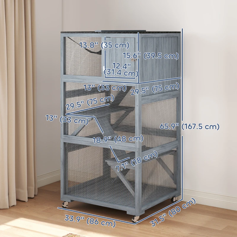PawHut 66"H Catio Outdoor Cat Enclosure on Wheels with Hammock Multiple Platforms Resting Condo Ramps for 1-3 Cats, Grey