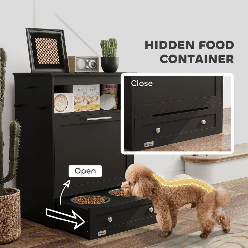 PawHut Pet Feeder Station Storage Cabinet, Dog Food Storage Container with Dog Raised Bowls, Watering Supplies, Black