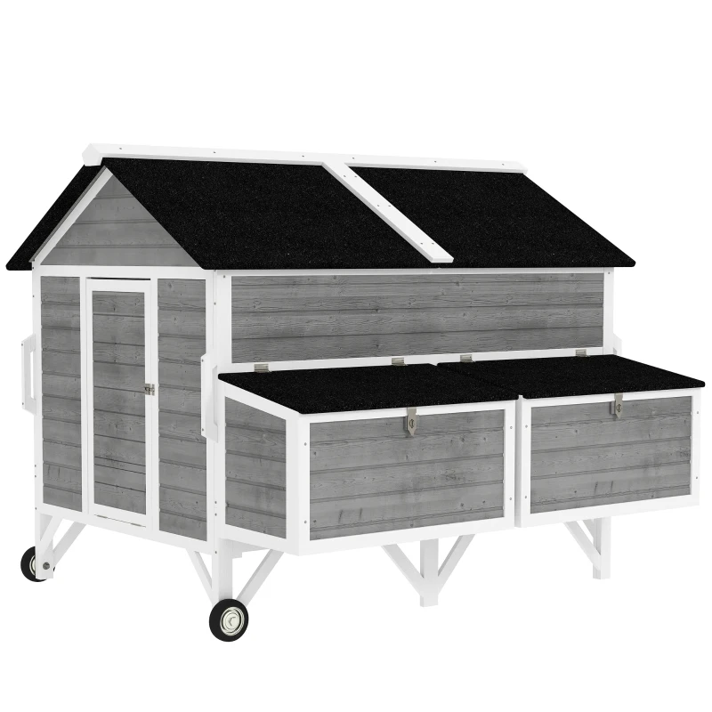 PawHut 59" Wooden Chicken Coop w/ Wheels, Handles, 2 Nesting Boxes, 2 Trays, 4 Perches, Chicken Tractor for 4-6 Chickens, Gray