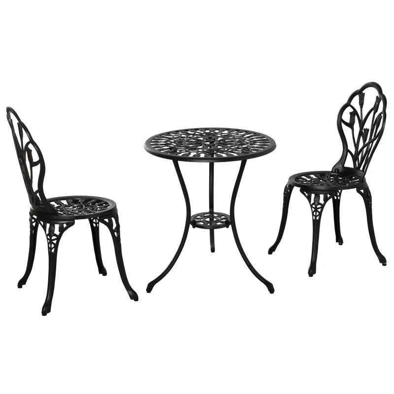 Outsunny 3PCs Patio Bistro Set, Outdoor Cast Aluminum Garden Table and Chairs with Umbrella Hole for Balcony, Black