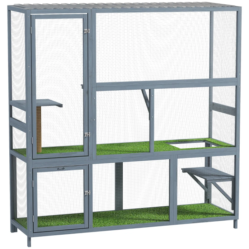 PawHut Catio Outdoor Cat Enclosure, 77" H Wooden Cat House with Weatherproof Roof, Platforms and Scratching Post