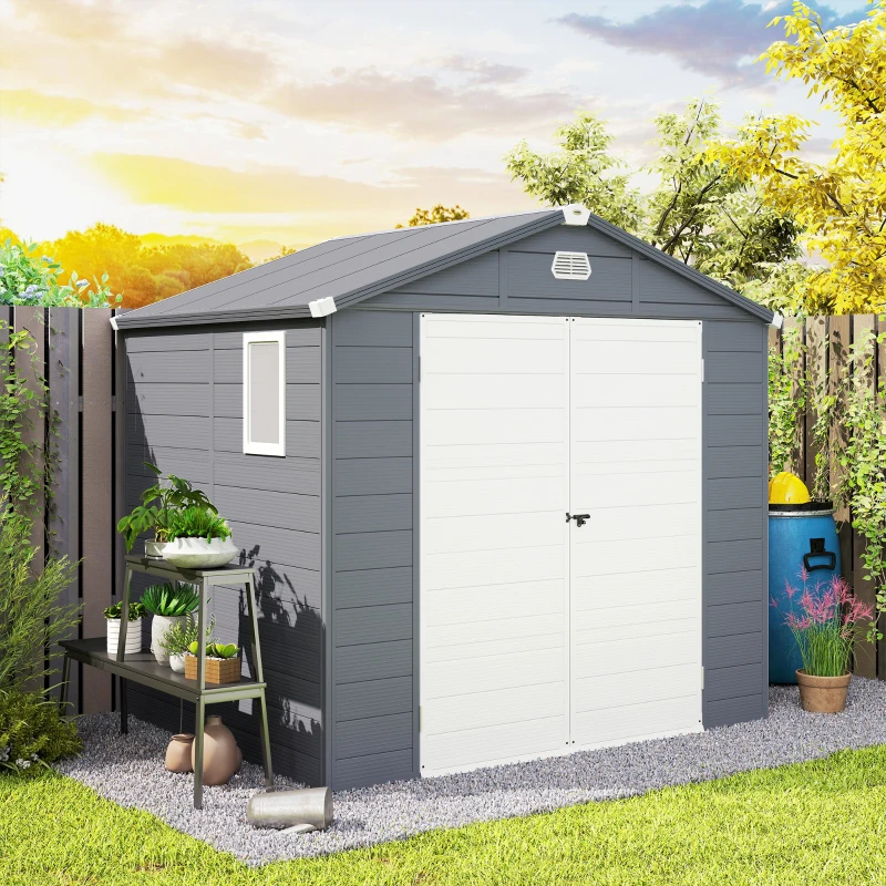 Outsunny 8' x 6' Plastic Garden Storage Shed with Latch Door, Vents, Sloped Roof, Dark Grey