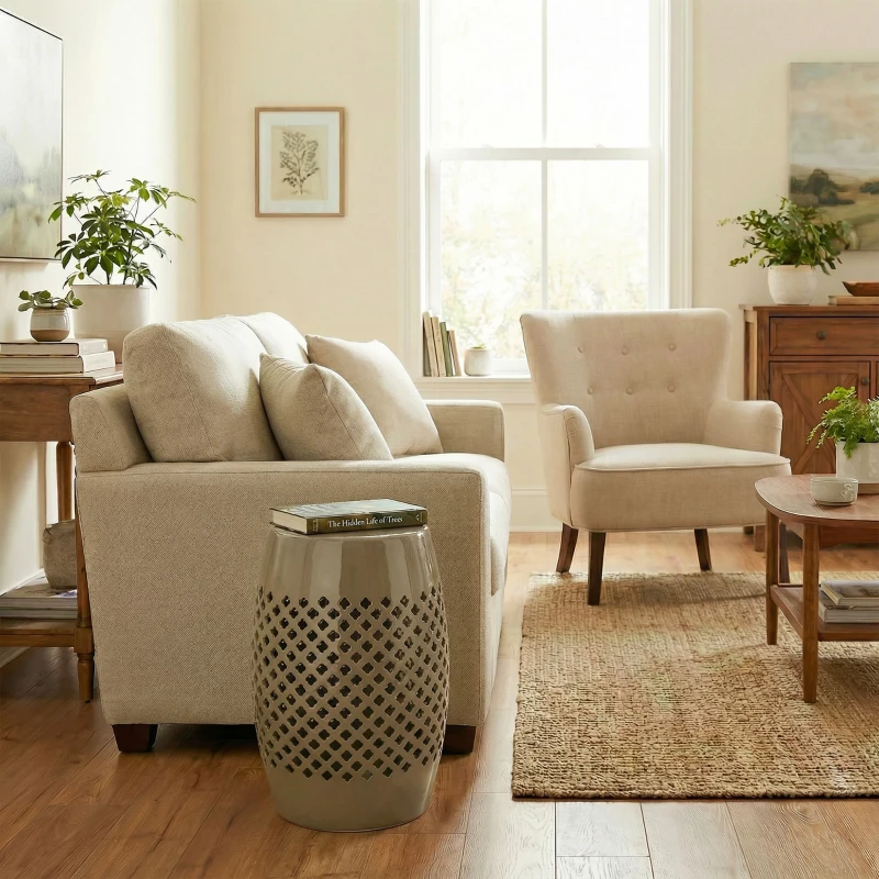 Outsunny 12.4" Steel Patio End Table, Round Hollow Drum Side Table, Accent Table for Indoor and Outdoor, Khaki