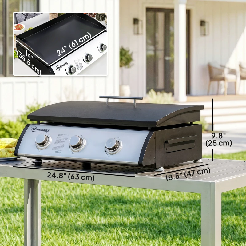 Outsunny Propane Gas Grill with 3 Main Burners, 8530 BTU Outdoor BBQ Grill Cart with Non-Stick Griddle and Lid, Black