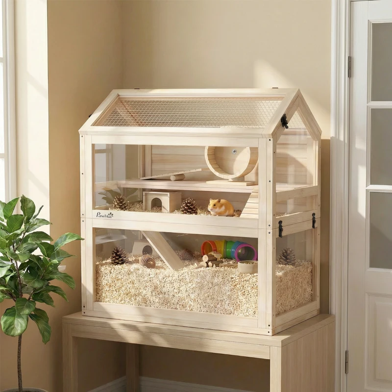 PawHut Wooden Hamster Cage, 3-Tier Small Animal Cage with Hut, Seesaw, Ramps, Exercise Wheel, Acrylic Panel and Bottom Tray