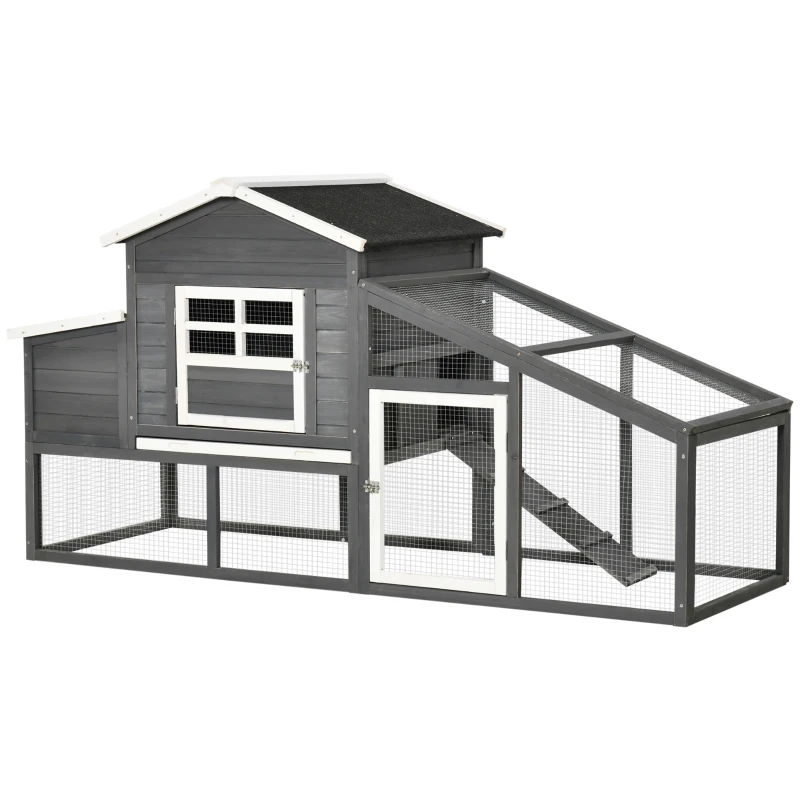 PawHut 79" Wooden Chicken Coop, Outdoor Hen House, Poultry Habitat with Removable Tray, Nesting Box, Run, Ramp, Grey