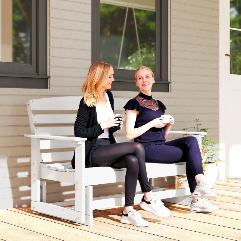 Outsunny Patio Glider Bench w/ HDPE Slatted Double Rocking Chair, White