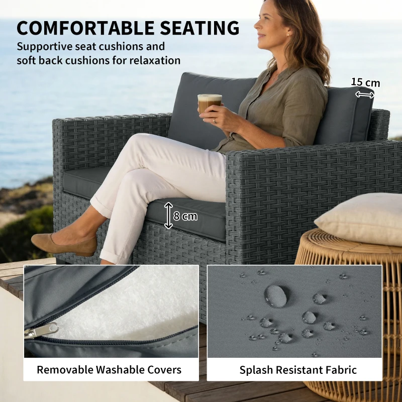 Outsunny 2 Seater Outdoor Couch Patio Sofa with Deep Seat, Cushions, Wide Armrests for Garden, Balcony, Porch, Dark Grey