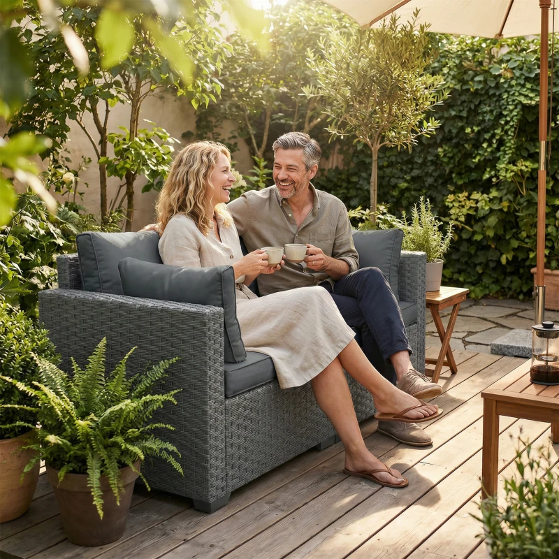 Outsunny 2 Seater Outdoor Couch Patio Sofa with Deep Seat, Cushions, Wide Armrests for Garden, Balcony, Porch, Dark Grey