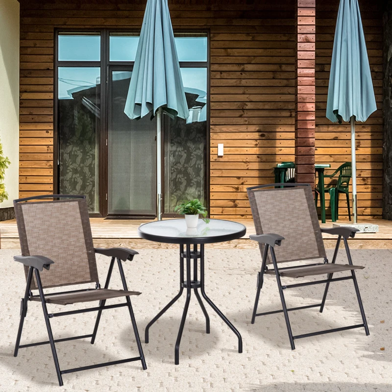 Outsunny Folding Outdoor Bistro Set, Patio Table and Chairs with Reclining Backrest and Round Dining Table, Brown