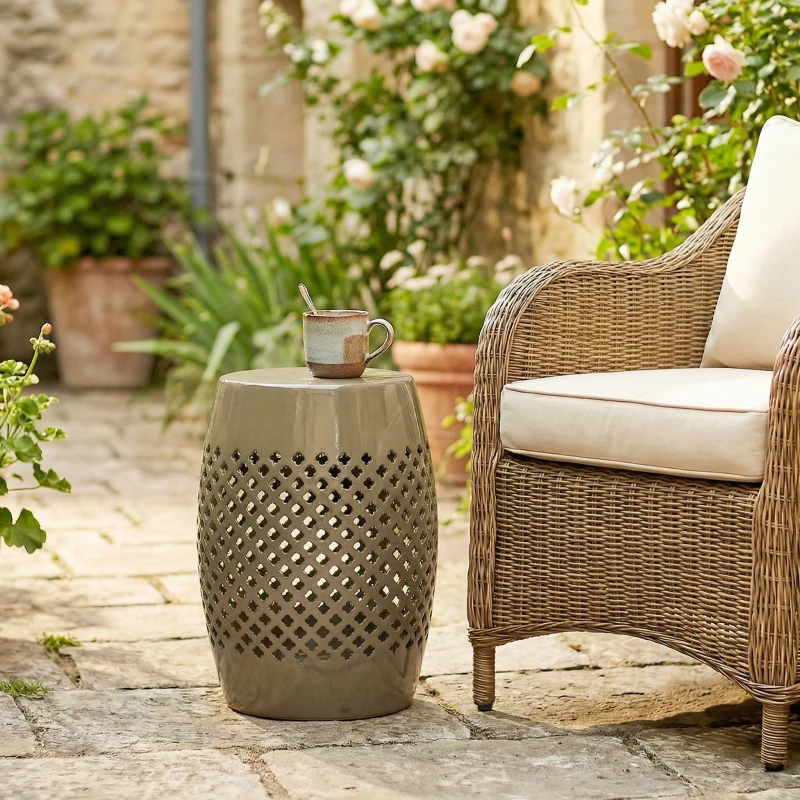 Outsunny 12.4" Steel Patio End Table, Round Hollow Drum Side Table, Accent Table for Indoor and Outdoor, Khaki