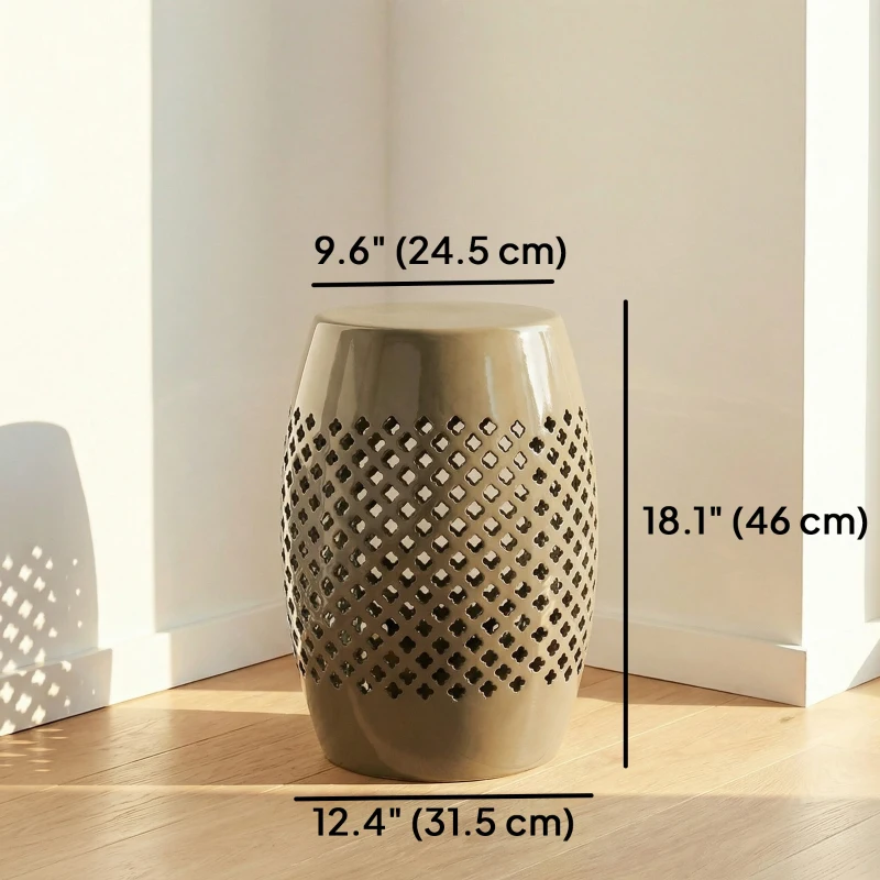 Outsunny 12.4" Steel Patio End Table, Round Hollow Drum Side Table, Accent Table for Indoor and Outdoor, Khaki