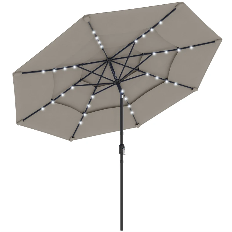 Outsunny 9.3 ft Patio Umbrella with Solar LED Lights, Cover, 3 Tier Outdoor Market Table Parasol with Tilt, Crank, Grey