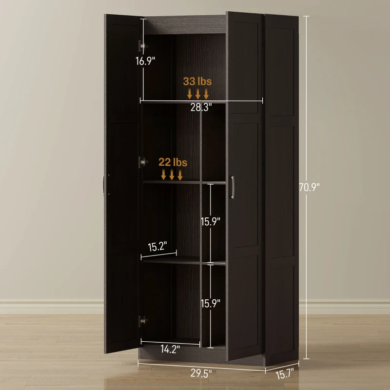 HOMCOM Farmhouse Pantry Cabinet, 71" Tall Kitchen Pantry Storage Cabinet with Soft-Close Hinges, Adjustable Shelves, Espresso