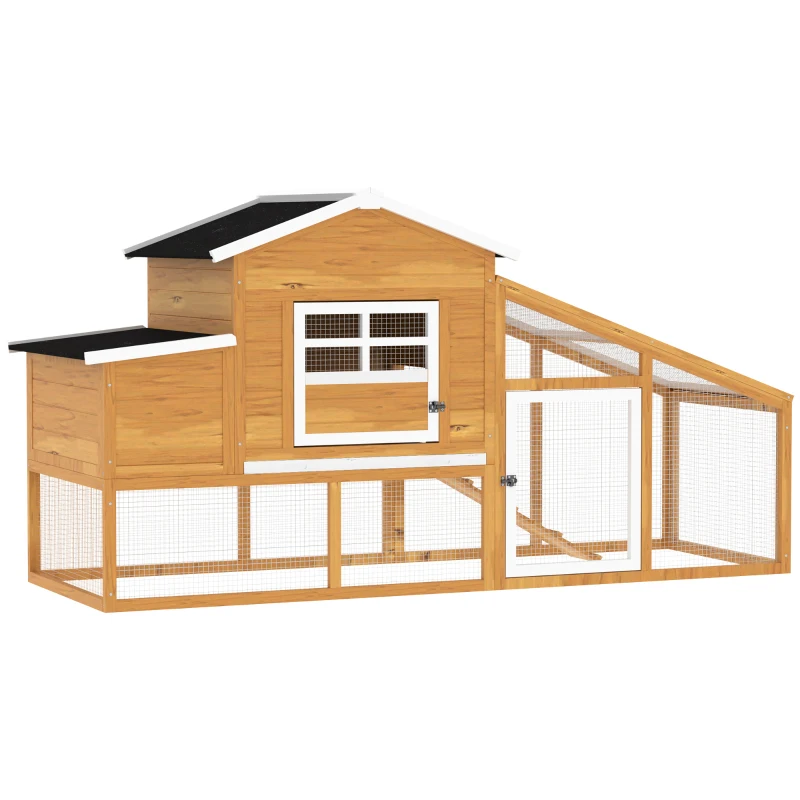 PawHut 79" Wooden Chicken Coop, Outdoor Hen House, Poultry Habitat with Removable Tray, Nesting Box, Run, Ramp, Brown