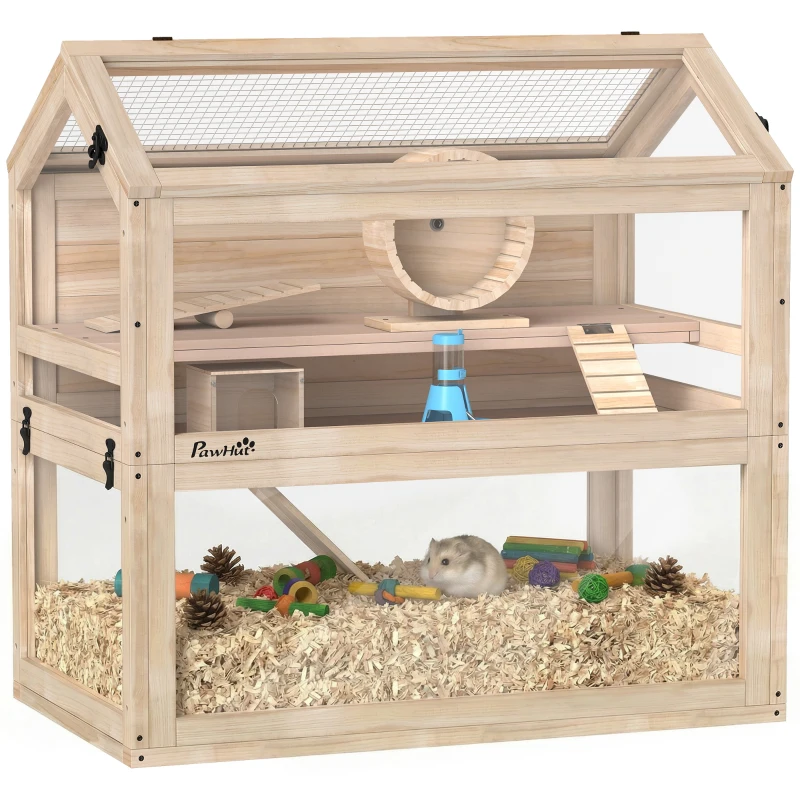 PawHut Wooden Hamster Cage, 3-Tier Small Animal Cage with Hut, Seesaw, Ramps, Exercise Wheel, Acrylic Panel and Bottom Tray
