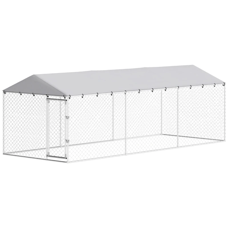 PawHut 19.7' x 7.5' x 6.6' Dog Kennel Outdoor for Small Medium Large Dogs with Waterproof Cover, Silver