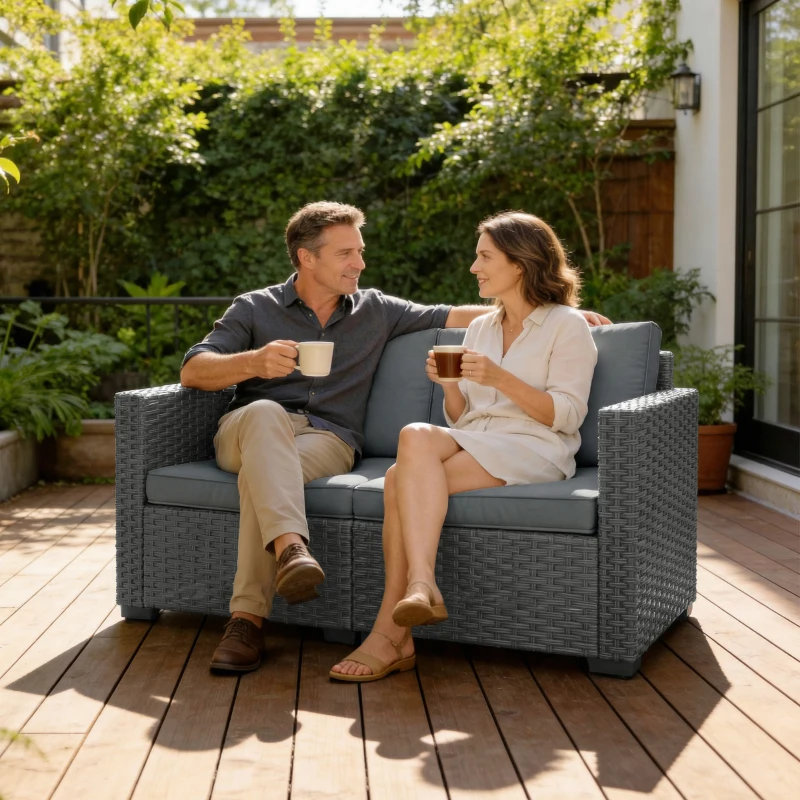 Outsunny 2 Seater Outdoor Couch Patio Sofa with Deep Seat, Cushions, Wide Armrests for Garden, Balcony, Porch, Dark Grey