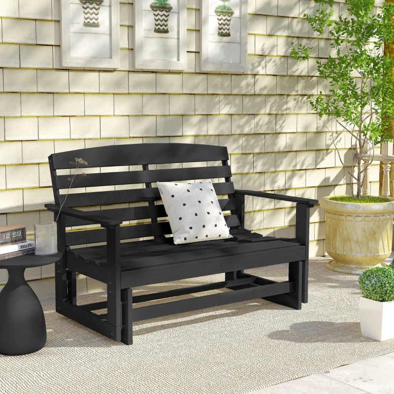 Outsunny Patio Glider Bench w/ HDPE Slatted Double Rocking Chair, Black