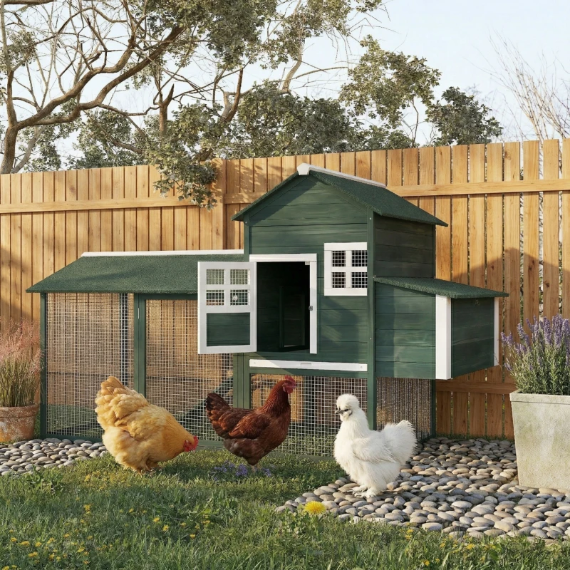 PawHut 84" Wooden Chicken Coop, Hen House Outdoor with Run Nesting Box, Asphalt Roof, Removable Tray, Ramp, Poultry Cage for 2-3 Chickens, Green