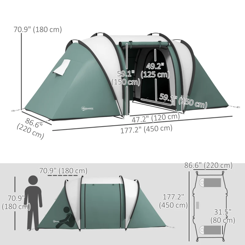 Outsunny Camping Tent with 2 Bedrooms and Living Area, 3000mm Waterproof Family Tent, for Fishing Hiking Festival, Army Green