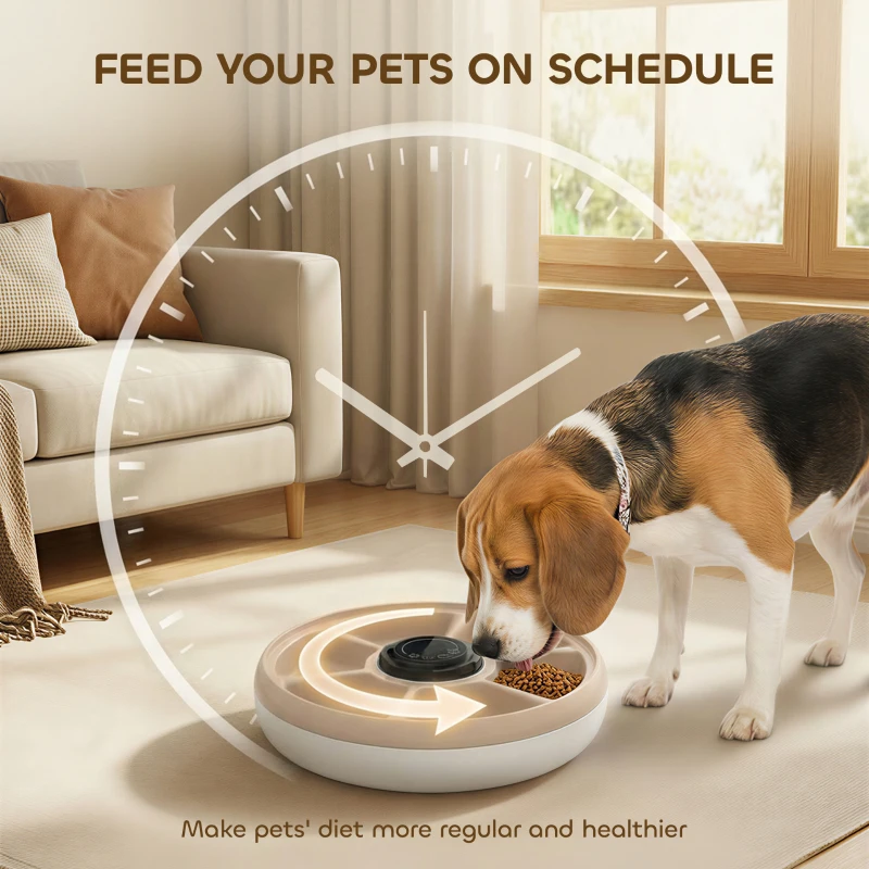 PawHut Automatic Cat Feeder for Dry Wet Food Timed Cat Dog Food Dispenser with 6 Trays 1 Ice Pack Battery Powered Light Brown