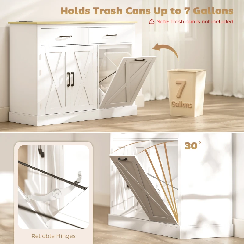HOMCOM 7 Gallon Tilt Out Garbage Cabinet, Kitchen Island with Charging Station, 2 Drawers, 4 Door Racks, White